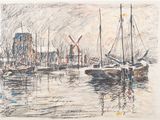 dessin représentant des bateaux dans un port, avec un moulin à vent en arrière-plan