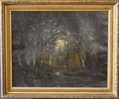 an oil painting of a forest scene with trees in the foreground