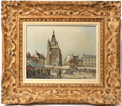 une vieille peinture représentant une rue de la ville avec une tour horloge en arrière-plan