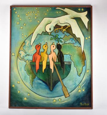 une peinture représentant un bateau avec des personnes à bord, accrochée au mur