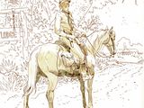 a drawing of a man riding a horse in the woods