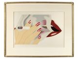 painting of a woman ' s hand with red nails and a cigarette