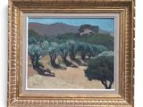 an oil painting of olive trees in a field with a house in the background