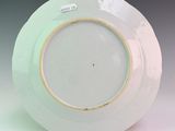 a white plate with a green rim on a table