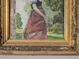 painting of a woman in a red dress in a gold frame