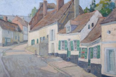 un tableau représentant une rue d'une petite ville