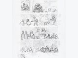 un dessin en noir et blanc représentant un groupe de personnes dans une pièce