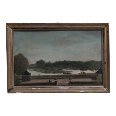 une peinture à l'huile représentant une scène fluviale avec des bateaux et des personnages