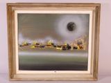 an oil painting of a landscape with a full moon in the background