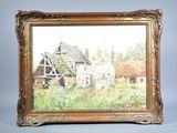 une peinture à l'huile représentant une scène de ferme avec une grange en arrière-plan