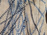 a close up of a piece of cloth with blue and white designs on it
