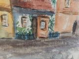a watercolor painting of a street scene with buildings