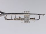 an image of a silver trumpet sitting on top of a white surface
