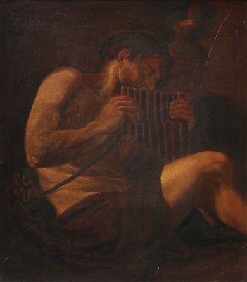un tableau représentant un homme jouant d'un instrument dans une pièce sombre