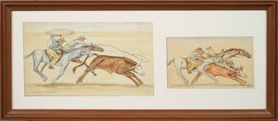 tableau représentant deux cow-boys à cheval poursuivant un bœuf lors d'un rodéo