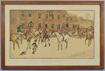 tableau représentant un groupe d'hommes à cheval devant un bâtiment