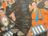 un tableau représentant un homme tenant un micro devant une foule de personnes