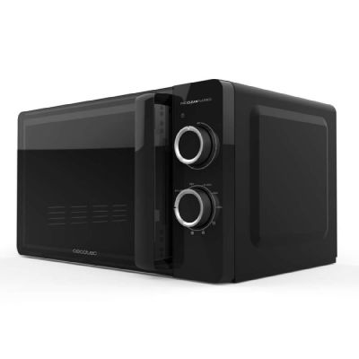 une image d'un four à micro-ondes noir sur fond blanc
