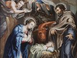 une image représentant une peinture d'une crèche avec des anges et l'enfant Jésus