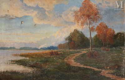 an image of a painting of a landscape with trees and water