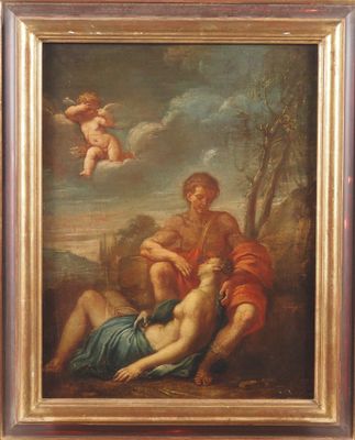 une peinture à l'huile sur toile représentant un homme et une femme dans un paysage