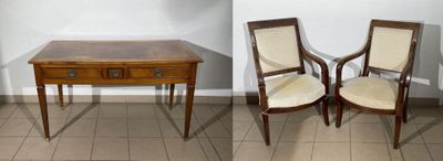 two pictures of a table and two chairs in the same room