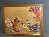 tableau encadré représentant un cavalier et son cheval dans un champ, avec un cheval rouge