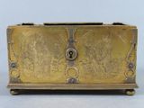 brass plated box with handles and handles on a white surface