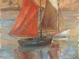 une peinture représentant un bateau aux voiles rouges sur l'eau