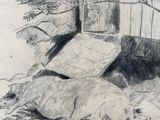 pencil drawing of a dog laying on the ground in front of a house