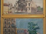 tableau représentant une scène de rue avec des bâtiments et une église en arrière-plan