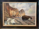 painting of a rocky coast with waves crashing against the rocks