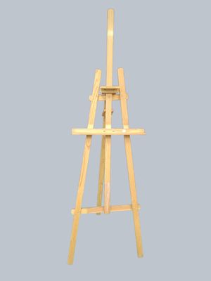 a wooden easel that is standing up against a blue background