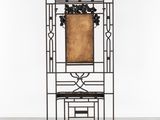 a metal shelf with a mirror and a wooden shelf on it