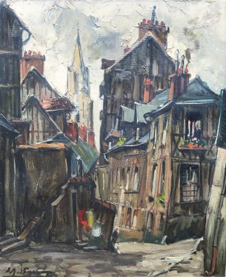 painting of a street scene with old buildings and a man walking down the street