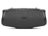 a close up of a black speaker on a white background