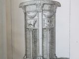 an old book with a drawing of a column with a clock on top of it