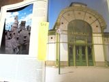 an open book with a picture of a building and a picture of a castle