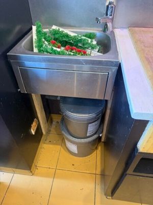 a trash can in the corner of a kitchen with a sink