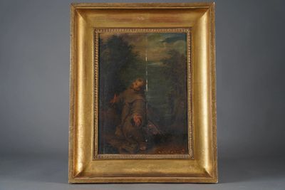 an oil painting of a man with a dog in a wooded setting