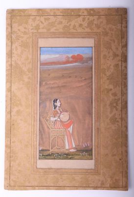 an old painting of a woman sitting on a chair in a field