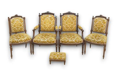 a set of four chairs and a stool with a yellow upholstered seat