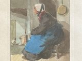 painting of a woman sitting on the floor reading a book