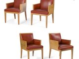 four chairs with red leather upholstered and wooden legs