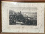 an old picture of a mountain scene with a castle in the distance