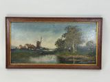 painting of a landscape with a church and a river in the foreground