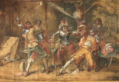 a painting of a group of people playing a game of swords