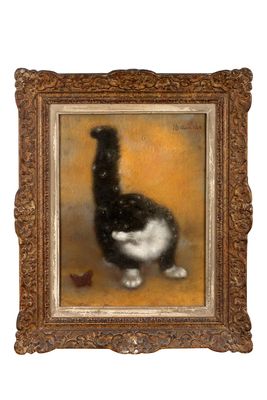 tableau représentant un chat noir et blanc tenant un papillon dans la gueule