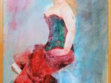 an oil painting of a woman in a red dress sitting on a stool