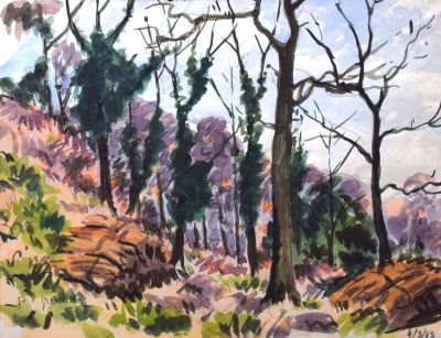 peinture représentant un paysage avec des arbres et des rochers au premier plan
